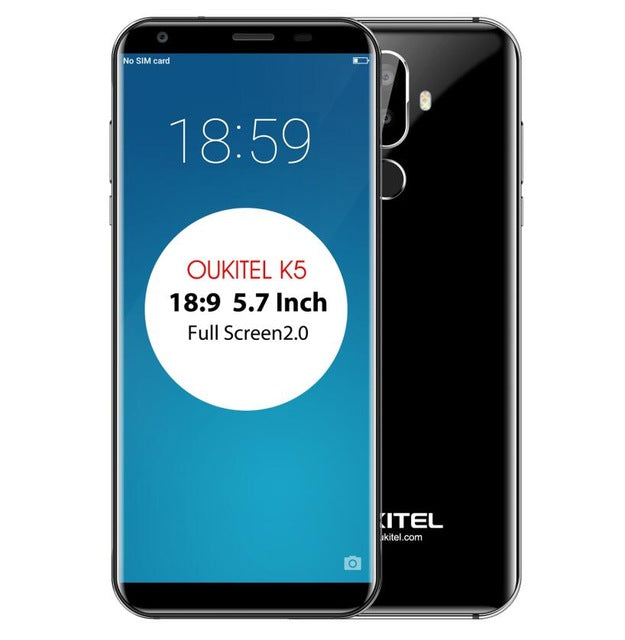 Oukitel K5 Mobile Phone 18:9 full screen 5.7'' 2GB RAM 16GB ROM MTK6737T Quad Core 8MP 3 Cams 4000mAh Android 7.0 Fingerprint