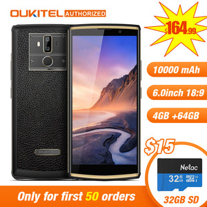 Oukitel K7 6.0" 18:9 Display Mobile Phone Android 8.1 4G RAM 64G ROM 10000mAh Quick Charge MTK6750T Fingerprint Dual Rear Camera