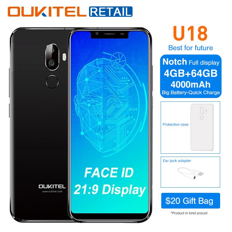 Oukitel U18 5.85" Full Display Mobile Phone Android 7.0 MTK6750T Octa Core 4GB 64GB Dual Camera Fingerprint Face ID smartphone