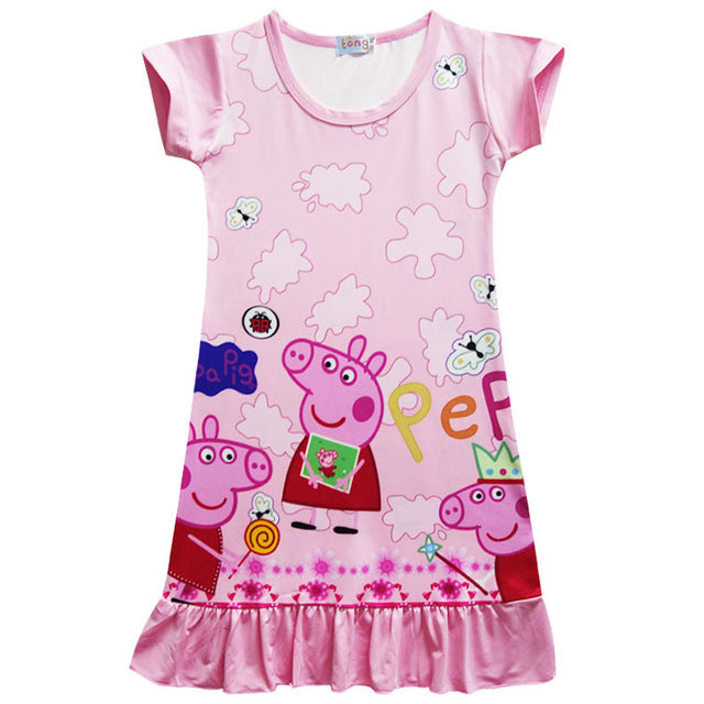 Pink pig Moana Trolls Cartoon Short Sleeve Girl Dress Miraculous Ladybug Dresses for silk Princess Sophia sleepwear kids clothes