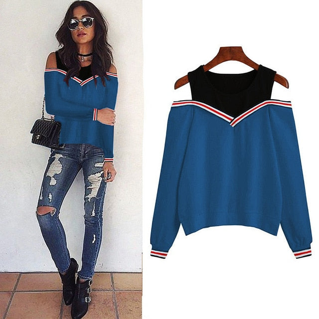 Rogi Female Jumper Sweatshirt 2018 Off Shoulder Patchwork Hoodies Top Autumn Winter Crew Neck Pullovers Tracksuit Ladies Tops