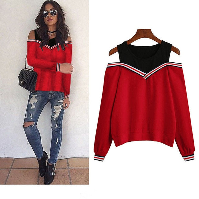 Rogi Female Jumper Sweatshirt 2018 Off Shoulder Patchwork Hoodies Top Autumn Winter Crew Neck Pullovers Tracksuit Ladies Tops