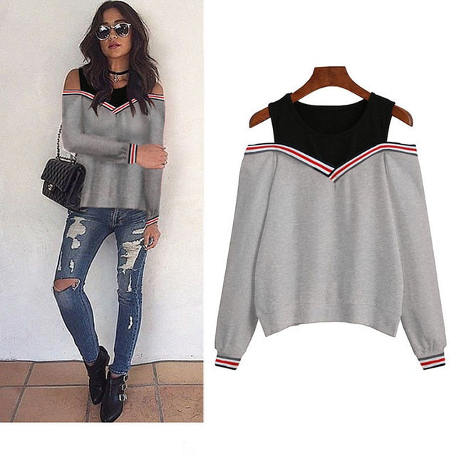 Rogi Female Jumper Sweatshirt 2018 Off Shoulder Patchwork Hoodies Top Autumn Winter Crew Neck Pullovers Tracksuit Ladies Tops