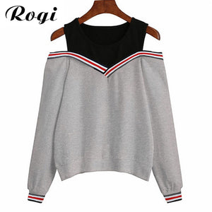 Rogi Female Jumper Sweatshirt 2018 Off Shoulder Patchwork Hoodies Top Autumn Winter Crew Neck Pullovers Tracksuit Ladies Tops