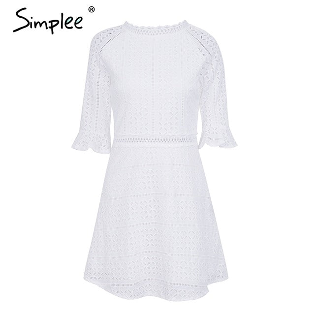 Simplee Elegant hollow out lace dress women Half sleeve summer style midi white dress 2018 Spring short casual dress vestidos