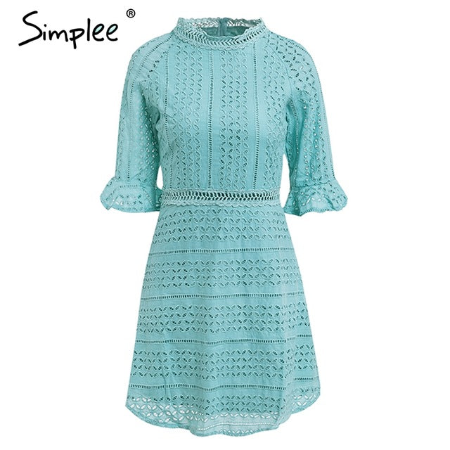 Simplee Elegant hollow out lace dress women Half sleeve summer style midi white dress 2018 Spring short casual dress vestidos