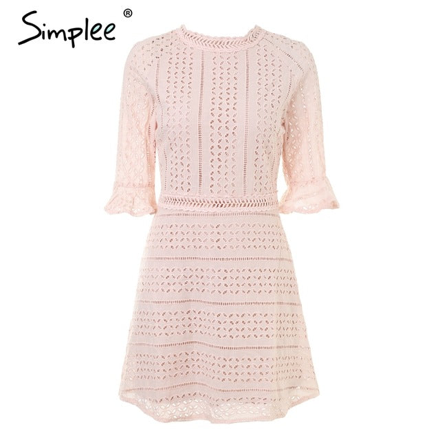 Simplee Elegant hollow out lace dress women Half sleeve summer style midi white dress 2018 Spring short casual dress vestidos