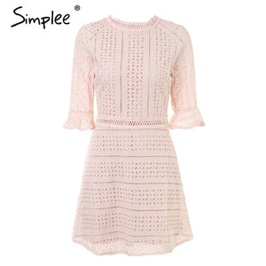 Simplee Elegant hollow out lace dress women Half sleeve summer style midi white dress 2018 Spring short casual dress vestidos