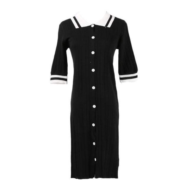 Solid Color POLO Collar Single-breasted in Long Sweater Dress Is Han Edition Dress with Short Sleeves Black Pink Silver Yellow