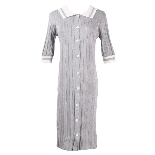 Solid Color POLO Collar Single-breasted in Long Sweater Dress Is Han Edition Dress with Short Sleeves Black Pink Silver Yellow
