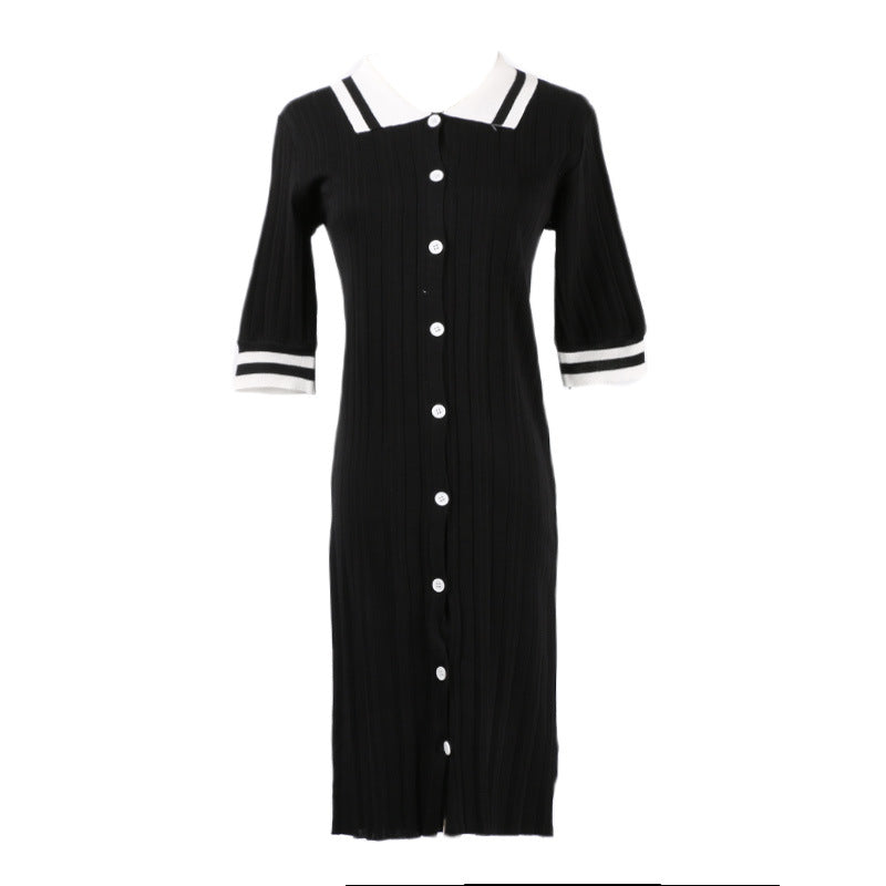 Solid Color POLO Collar Single-breasted in Long Sweater Dress Is Han Edition Dress with Short Sleeves Black Pink Silver Yellow