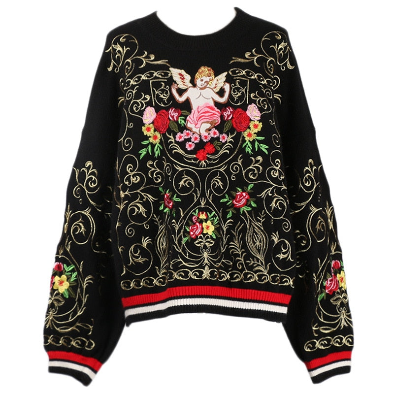 Sweters Women 2018 European Style Gold Sequins Heavy Embroidery Parrot Pattern Knitted Sweater Pullover Women Tops Lover