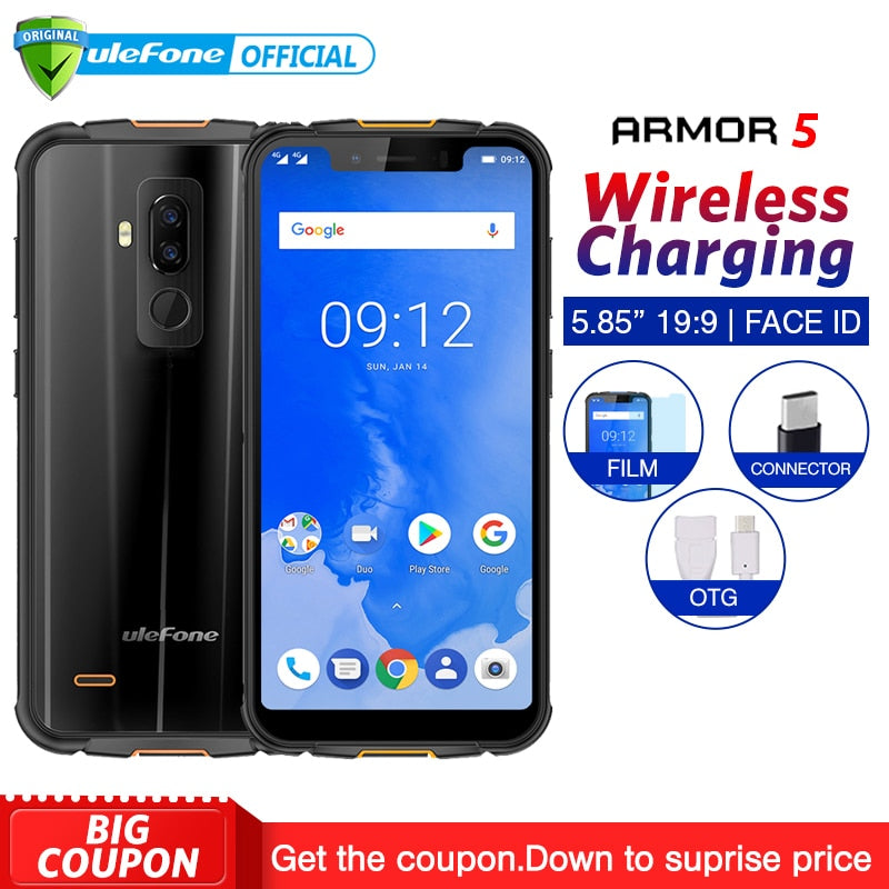 Ulefone Armor 5 IP68 Waterproof Mobile Phone Android 8.1 5.85" HD+ Octa Core 4GB+64GB NFC Face ID Wireless Charge Smartphone