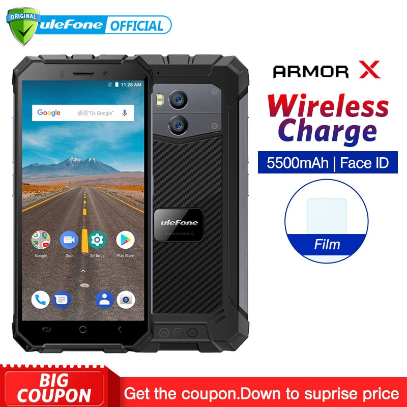 Ulefone Armor X IP68 Waterproof Mobile Phone Android 8.1 5.5" HD Quad Core 2GB+16GB NFC Face ID Wireless Charge Smartphone