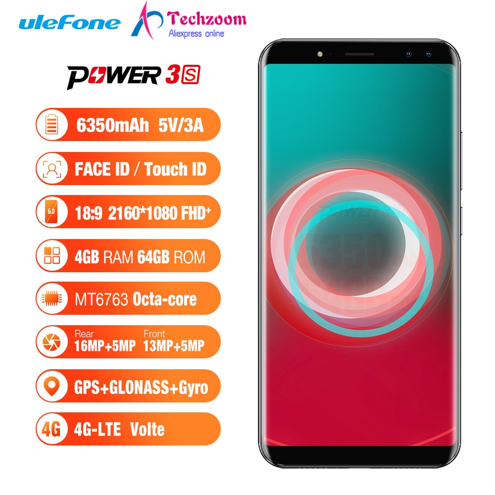 Ulefone Power 3S 6.0" 18:9 FHD+ Mobile Phone MTK6763 Octa Core Android 7.1 4GB+64GB 16MP 4 Camera 6350mAh Face ID 4G Smartphone