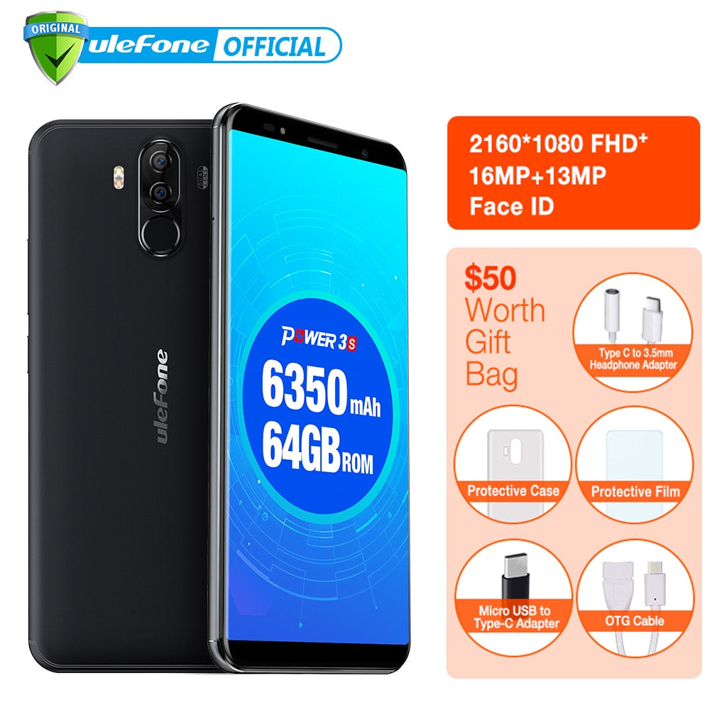 Ulefone Power 3S Android 7.1 Mobile Phone 6.0" 18:9 FHD MTK6763 Octa Core 4GB+64GB 4 Camera 6350mAh Fingerprint Face ID 4G Phone