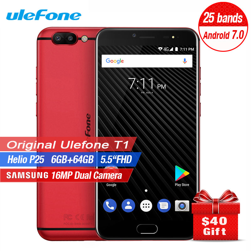 Ulefone T1 6GB 64GB Dual Camera Rear View Mobile Phone 5.5'' FHD Helio P25 Octa Core Android 7.0 16MP Cam Fingerprint Smartphone