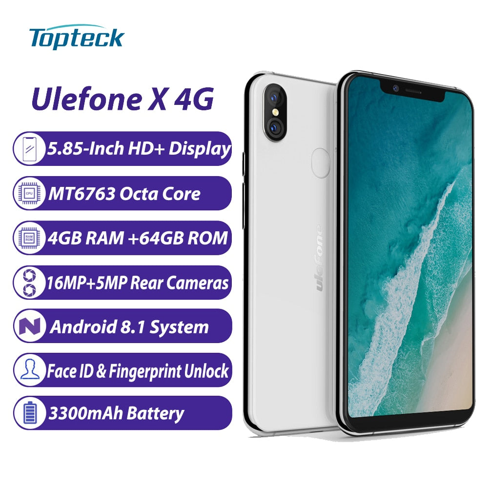 Ulefone X 4G Notch Display Android 8.1 Wireless Charge Mobile Phone Face ID 5.85-Inch HD+ Octa Core 4GB 64GB 3300mAh Smartphone