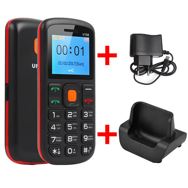 Uniwa V708 Feature Mobile Phone Charging Cradle Senior Kids Mini Phone Russian Keypad 2G GSM Push Big SOS Button Key Cellphone