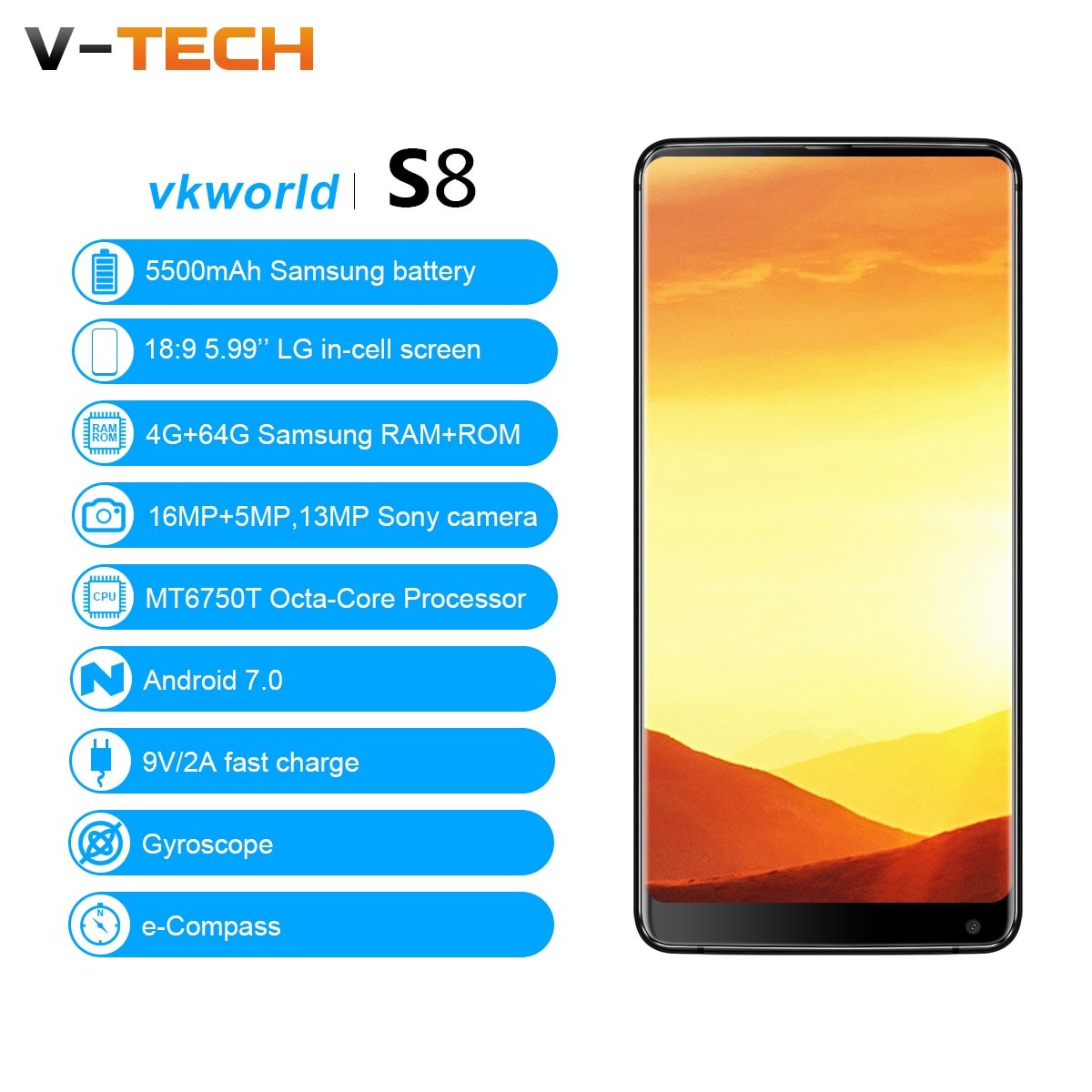 Vkworld S8 5.99 Inch FHD+ Full Screen 4G Smartphone 5500mAh Face ID 4GB Ram 64GB Rom MTK6750T Octa Core Dual Camera Mobile Phone