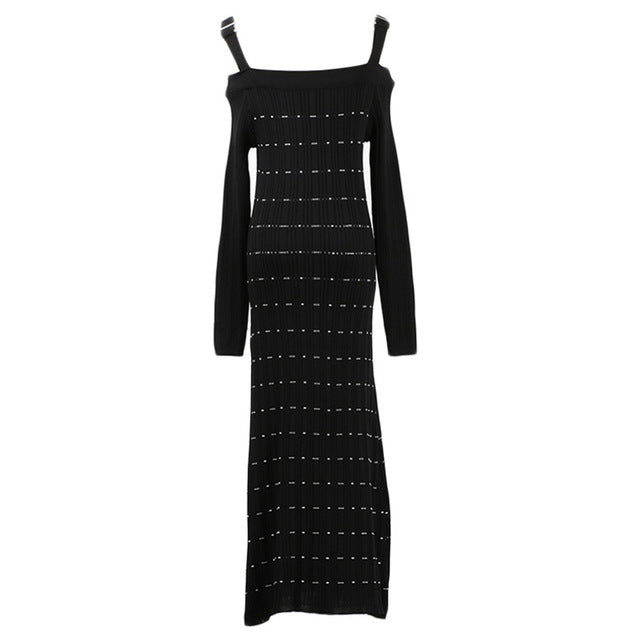 Winter Women Dress Dot Strip Style Slash Neck Lady Sweater Dress Slim Black White Long Sleeve Spaghetti Strap Office Lady