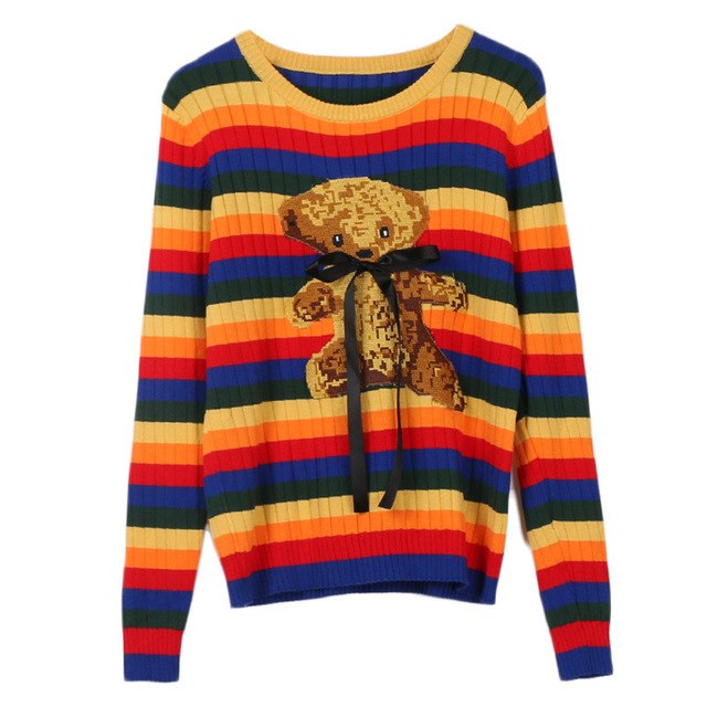 Woman Sweater Pullovers Long Sleeve 2018 New Cute Bear Embroidery Rainbow Striped Runway Casual Sweaters Lady Casual Slim Jumper