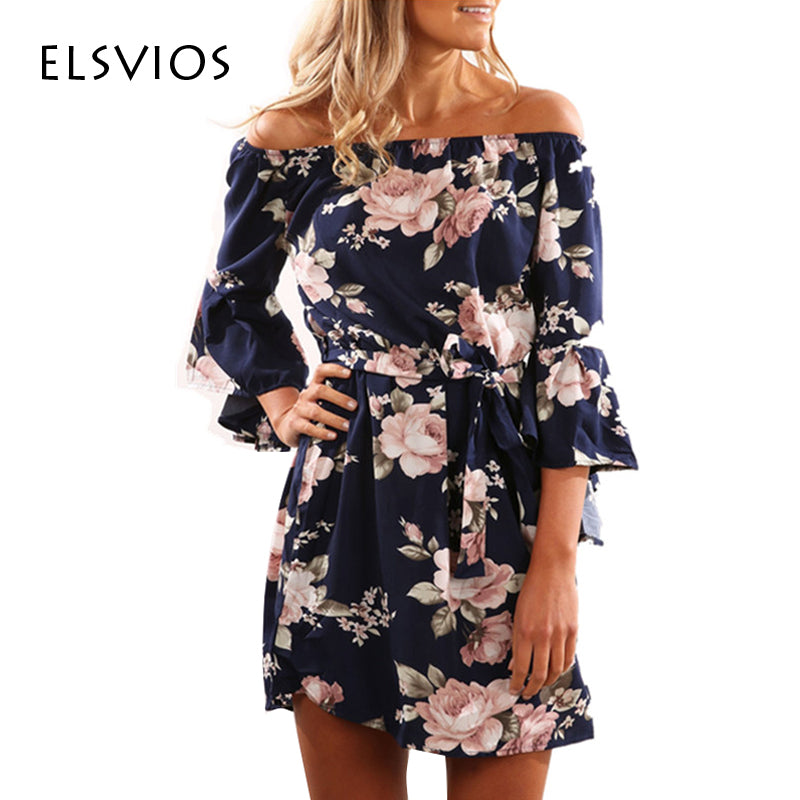 ELSVIOS Sexy Off Shoulder Slash Neck Office Dress 2017 Summer Floral Print Beach Dress Casual Flare Sleeve Women Dress Vestidos