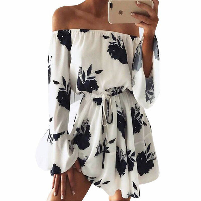 ELSVIOS Sexy Off Shoulder Slash Neck Office Dress 2017 Summer Floral Print Beach Dress Casual Flare Sleeve Women Dress Vestidos