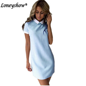 Loneyshow Women Dresses 2017 Fashion Women Turn-down Collar Casual Dress Elegant Short Sleeved Summer Mini Dress Vestido