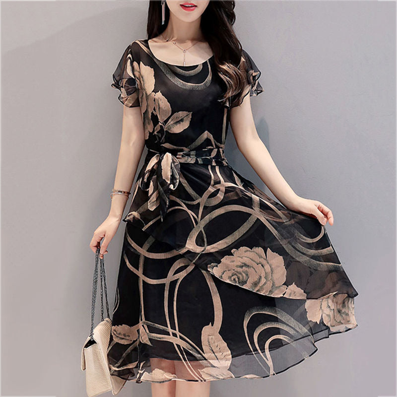 FEIBUSHI Summer Chiffon Dress Outer Space Casual Floral Print Women Round Neck Hollow Out Printed Bowknot Chiffon Skater Dress