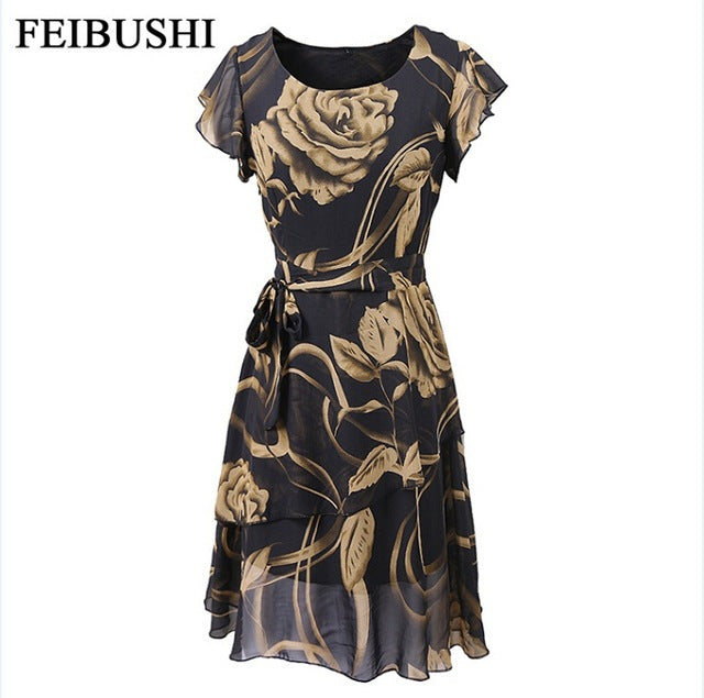 FEIBUSHI Summer Chiffon Dress Outer Space Casual Floral Print Women Round Neck Hollow Out Printed Bowknot Chiffon Skater Dress