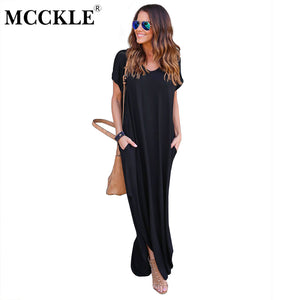 MCCKLE Women's Solid Causal Long Maxi Dress Split Front Pockets Dresses 2017 Autumn  Cotton Short Sleeve Feminine Vestdios