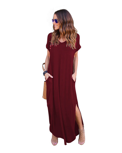 MCCKLE Women's Solid Causal Long Maxi Dress Split Front Pockets Dresses 2017 Autumn  Cotton Short Sleeve Feminine Vestdios