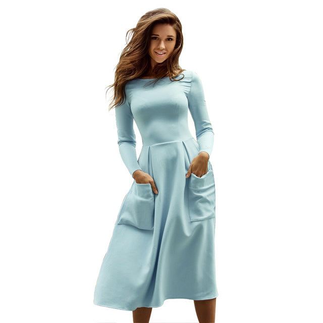 Liva Girl Winter Autumn Women Casual Long Dresses Skater Dress Female Long Sleeve White Sexy Midi Dress Office Pleated Dress