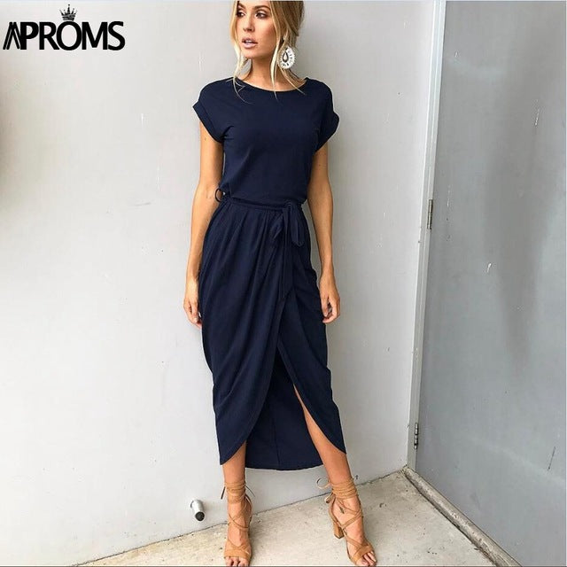 Aproms Soild Colored Long Shirt Dress Women 2017 Short Sleeve Bow Tie Maxi Dress Casual Streetwear Sundress Vestidos De Festa