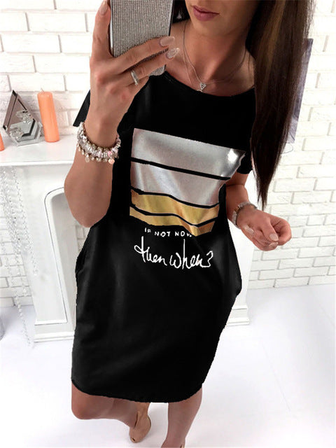 2018 New Summer Fashion Women Casual Cute Short Sleeve Letter Print Bronzing Dresses Loose Plus Size Long T Shirts Dress Vestido