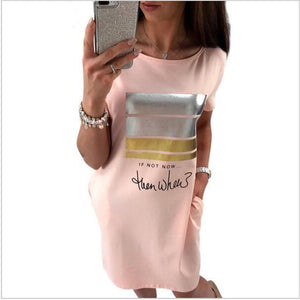 2018 New Summer Fashion Women Casual Cute Short Sleeve Letter Print Bronzing Dresses Loose Plus Size Long T Shirts Dress Vestido