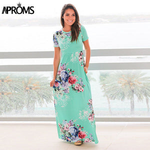 Aproms Cute Floral Print O Neck Sundress Women Casual Side Pockets Maxi Dress Spring 2018 Streetwear Party Long Dress Robe Femme