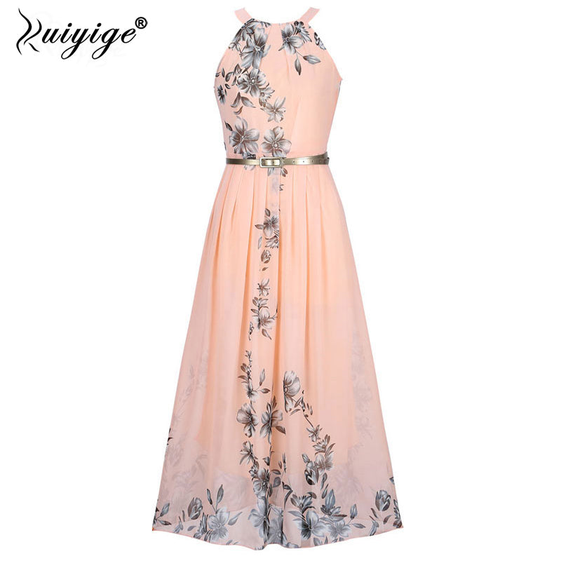 2018 Summer Women Dress Chiffon Floral Print Halter Tunic Sleeveless Pleated Long Maxi Party Boho Dresses With Belt Vestidos