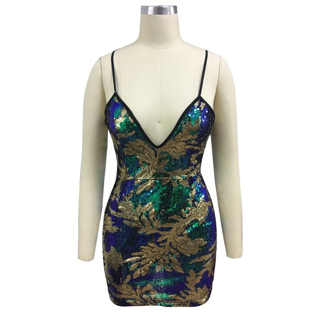 Sexy Sequin Bodycon Dress Plunge V-Neck Strappy Mini Slip Dress Skinny Tunic Backless Embroidery Floral Party Club Cami Dress