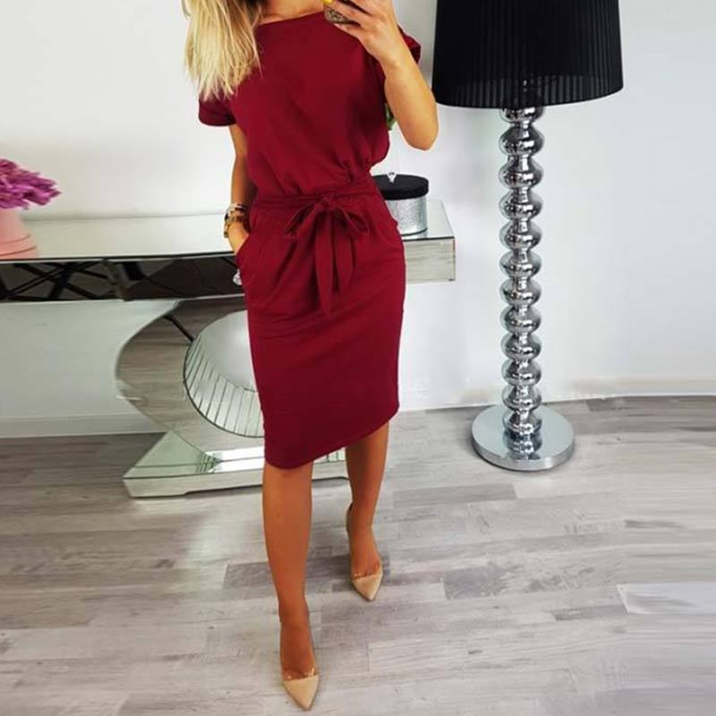 New 2018 Women's dress Summer short sleeves o neck elegant bow ties casual office lady work runway dresses tunic WS5815k