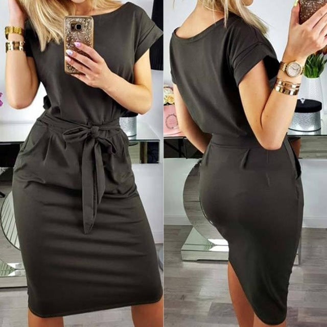 New 2018 Women's dress Summer short sleeves o neck elegant bow ties casual office lady work runway dresses tunic WS5815k