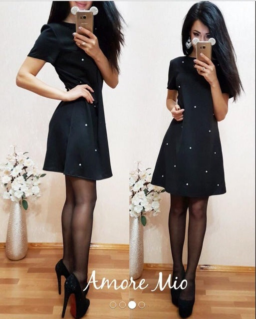 AISORIG 2018 Spring Women Dress Casual O-neck Short Sleeve A-Line Solid Studded Beaded Party Dresses Beach Vestidos S-XXXL