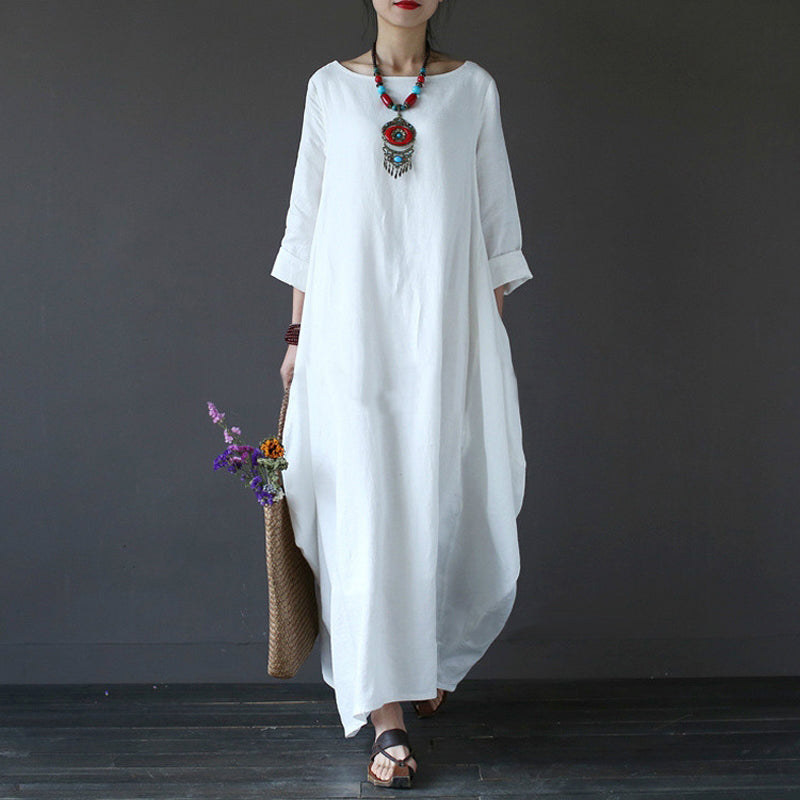 2018 Summer Plus Size Dresses For Women 3xl 4xl 5xl Loose Cotton Linen Dress White Boho Shirt Dress Long Sleeve Long Maxi Robe