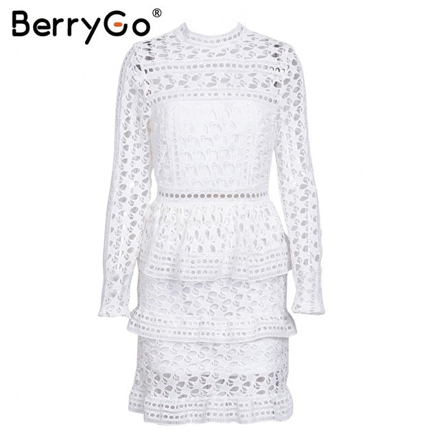 BerryGo Elegant white lace hollow out dress women Vintage long sleeve ruffle vestidos 2017 Autumn winter women party club dress