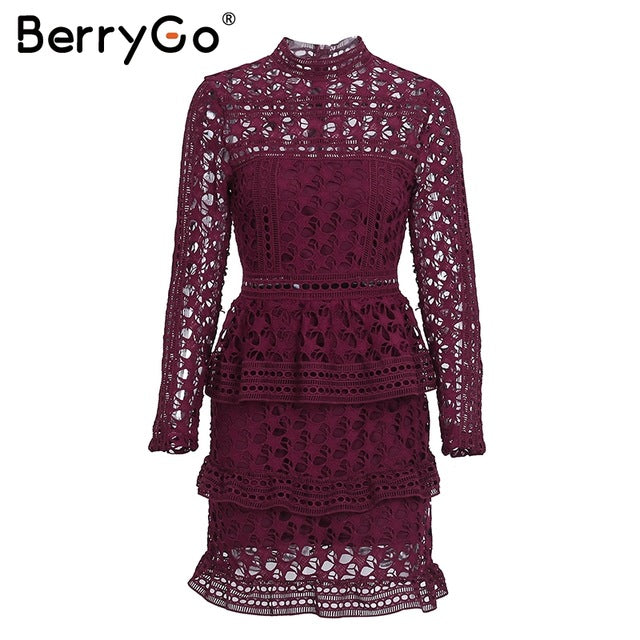 BerryGo Elegant white lace hollow out dress women Vintage long sleeve ruffle vestidos 2017 Autumn winter women party club dress