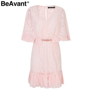 BeAvant Chiffon ruffle summer dress Women batwing sleeve streetwear causal dress Hollow out  pink short dress spring vestidos