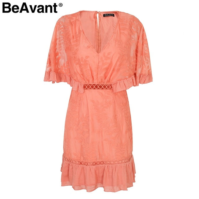 BeAvant Chiffon ruffle summer dress Women batwing sleeve streetwear causal dress Hollow out  pink short dress spring vestidos