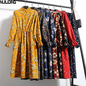 NIJIUDING New Spring Autumn Winter Women Casual Dress Elastic Waist Stand Neck Printed Corduroy Dress Long Sleeve Dropshipping