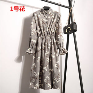 NIJIUDING New Spring Autumn Winter Women Casual Dress Elastic Waist Stand Neck Printed Corduroy Dress Long Sleeve Dropshipping